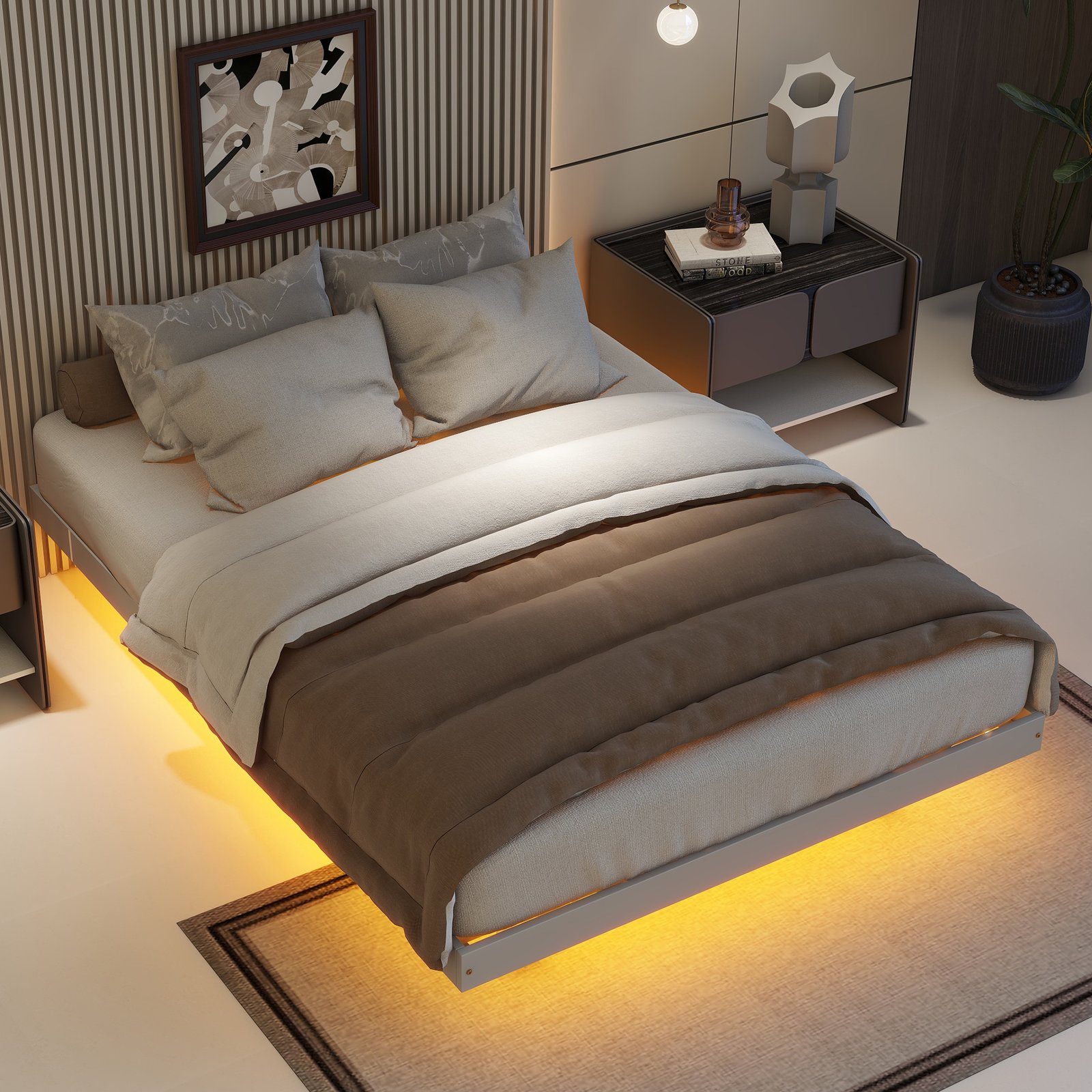 Full Size Floating Bed with LED Lights Underneath,Modern Full Size Low Profile Platform Bed with LED Lights,Grey photo review