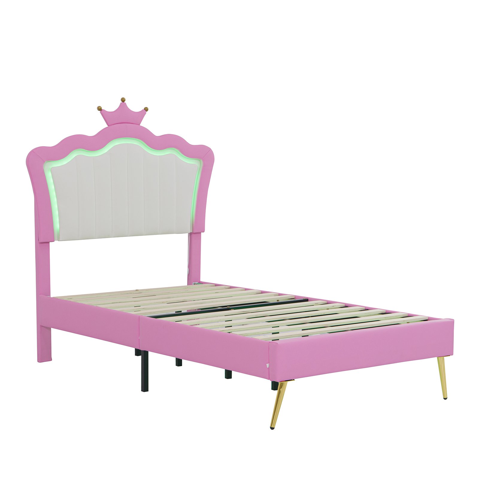 Twin Size Upholstered Bed Frame with LED Lights, Modern Upholstered Princess Bed with Crown Headboard, Pink+White photo review