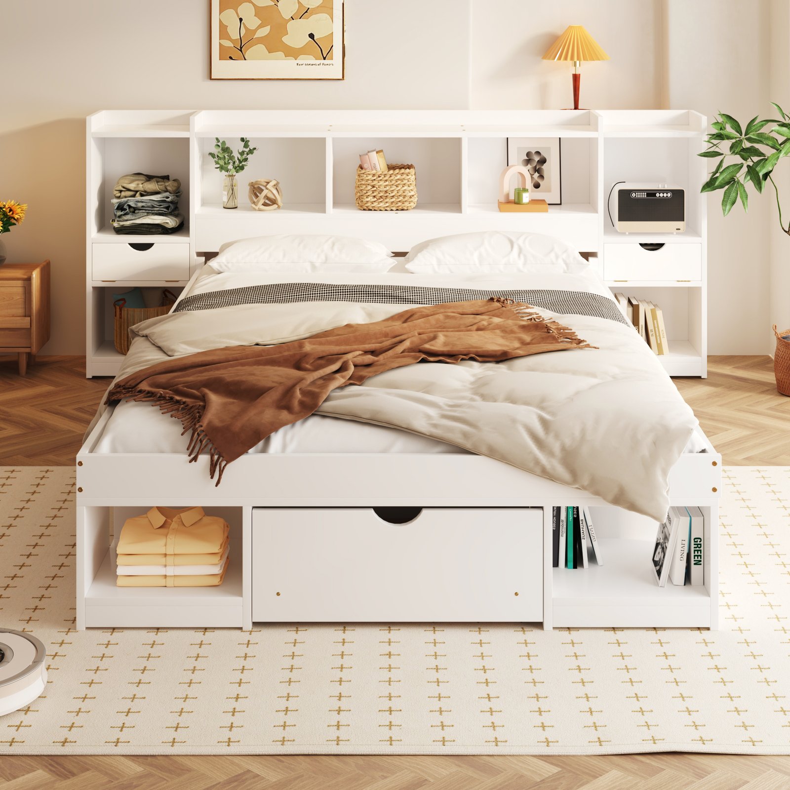 Queen Size Wood Platform Bed with Multi-storage Headboard and a Drawer, White photo review