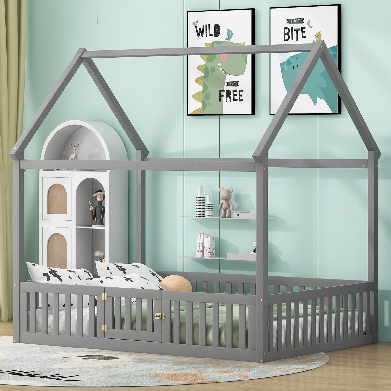 Full Size Wood House Bed with Fence and Door, Gray photo review
