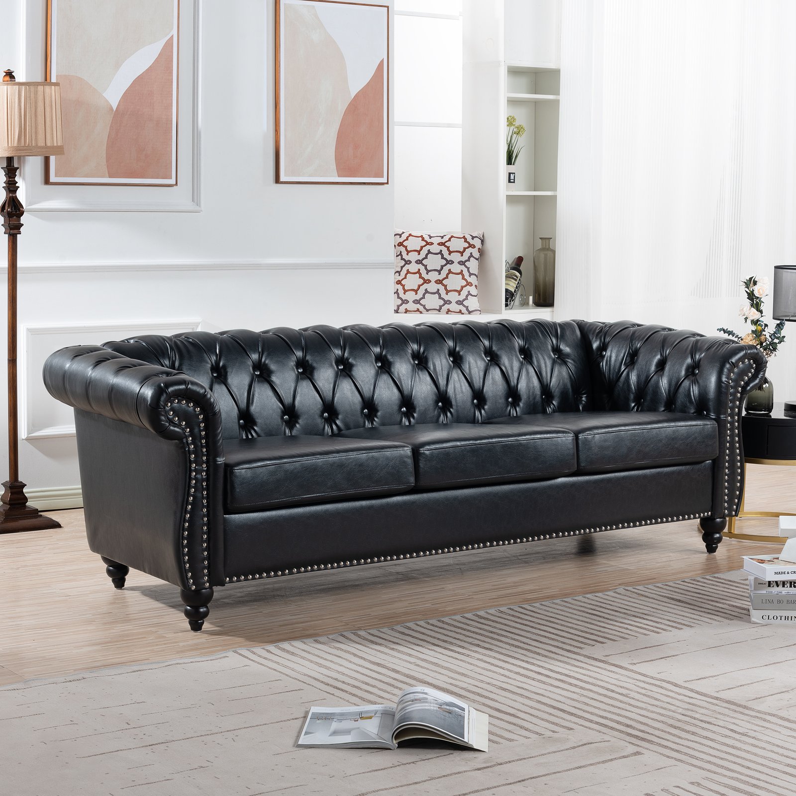 84.65" BLACK PU Rolled Arm Chesterfield Three Seater Sofa. photo review