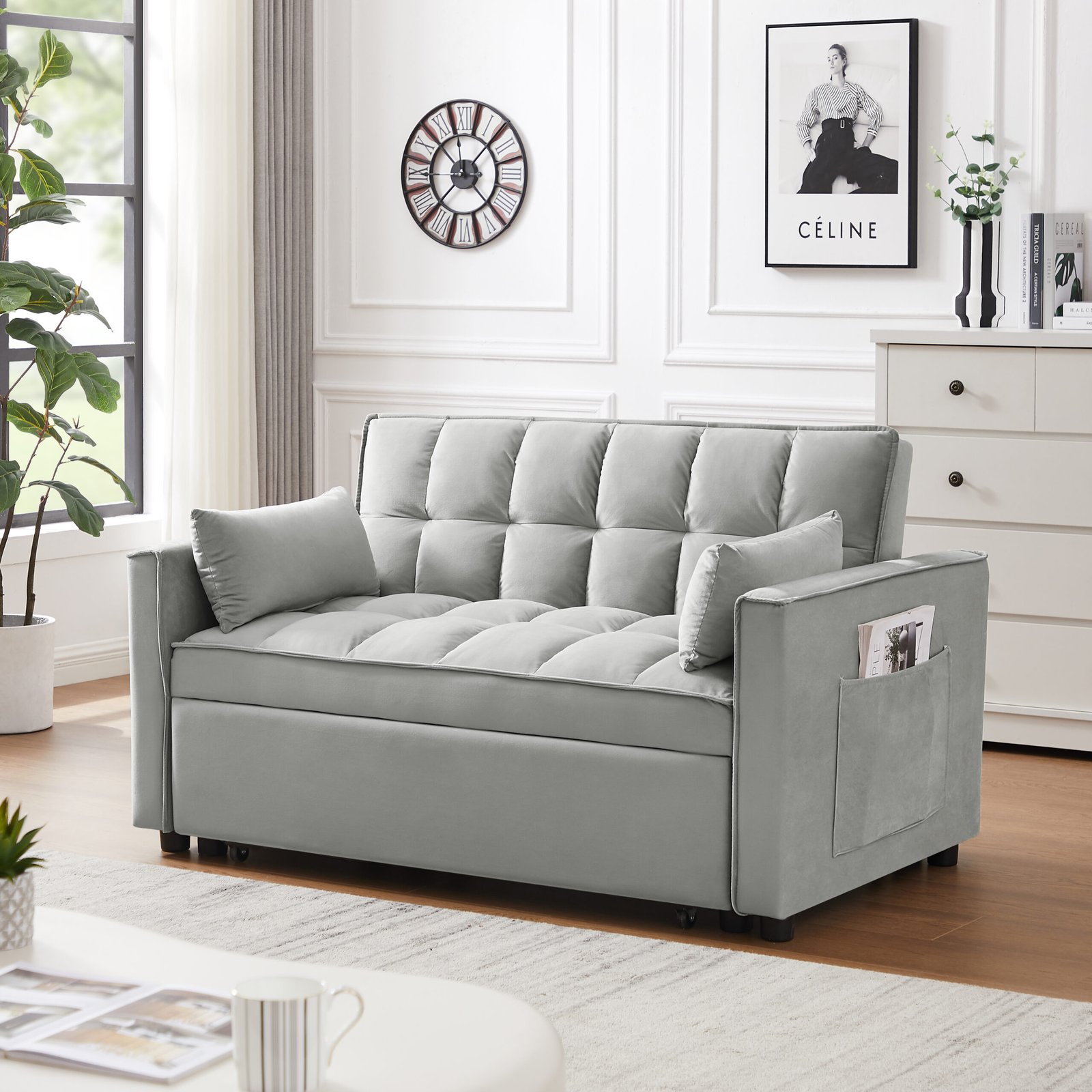 Modern Velvet Loveseat Futon Sofa Couch w/Pullout Bed,Small Love Seat Lounge Sofa w/Reclining Backrest,Toss Pillows, Pockets,Furniture for Living Room,3 in 1 Convertible Sleeper Sofa Bed, Gray photo review