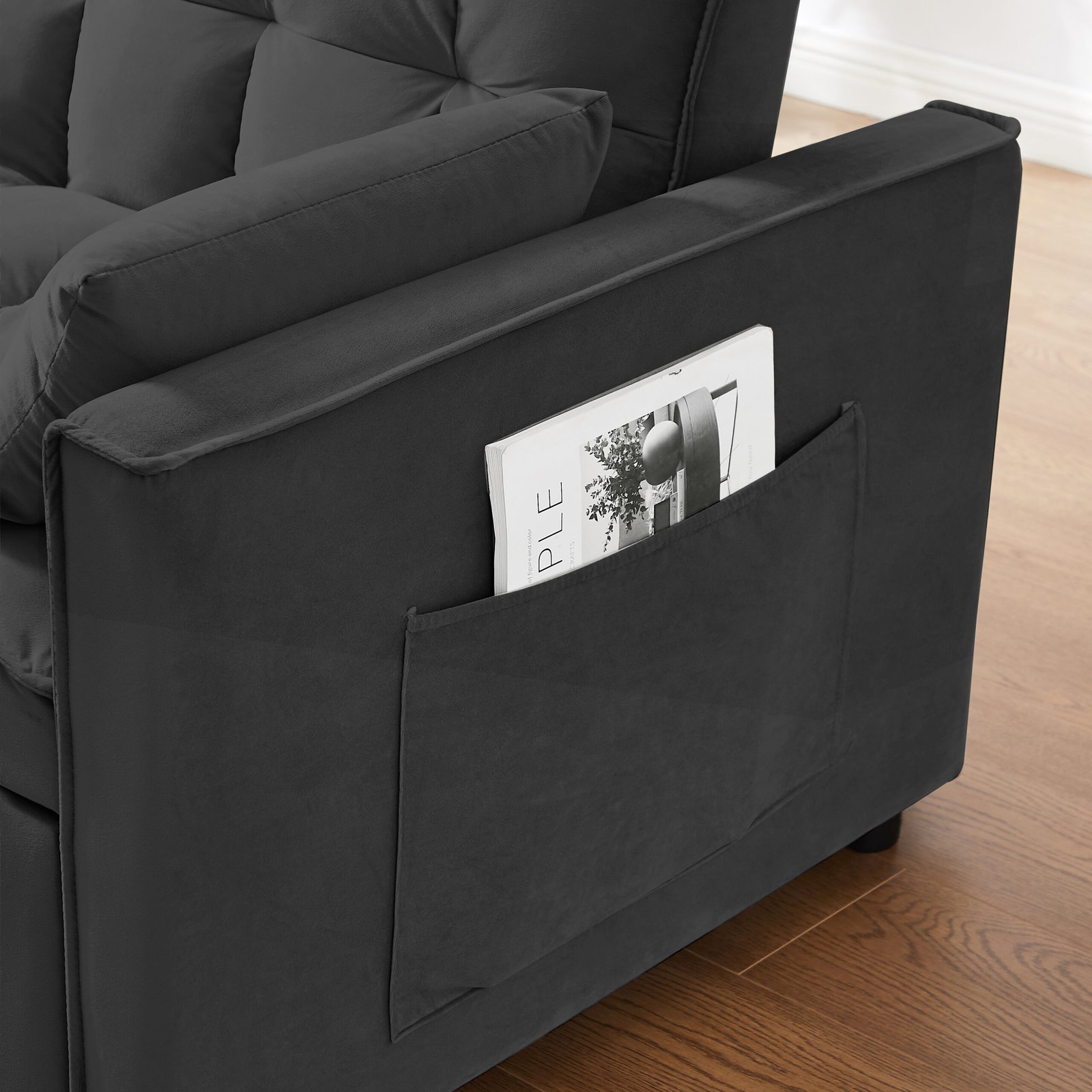 Modern Velvet Loveseat Futon Sofa Couch w/Pullout Bed,Small Love Seat Lounge Sofa w/Reclining Backrest,Toss Pillows, Pockets,Furniture for Living Room,3 in 1 Convertible Sleeper Sofa Bed, Black photo review