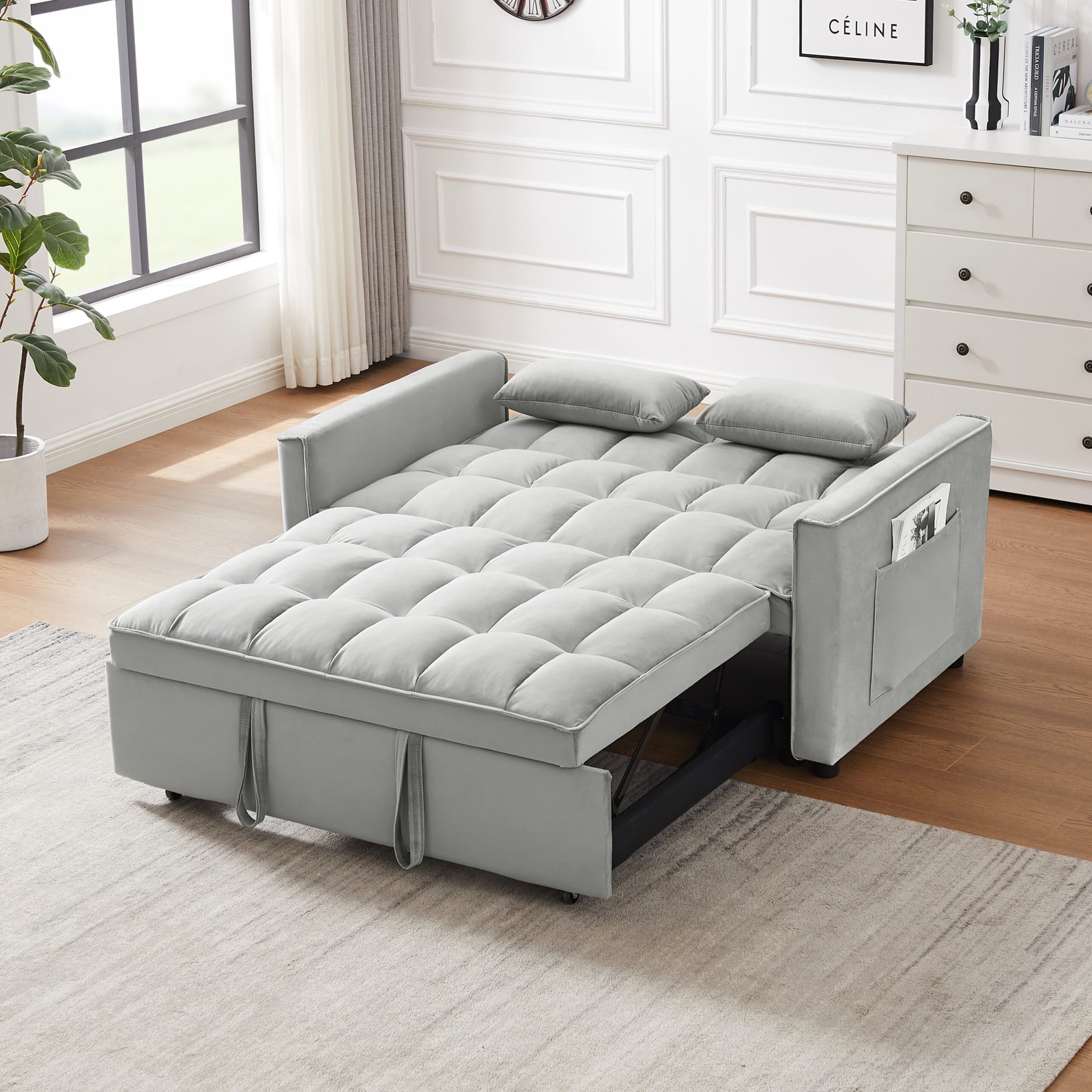 Modern Velvet Loveseat Futon Sofa Couch w/Pullout Bed,Small Love Seat Lounge Sofa w/Reclining Backrest,Toss Pillows, Pockets,Furniture for Living Room,3 in 1 Convertible Sleeper Sofa Bed, Gray photo review