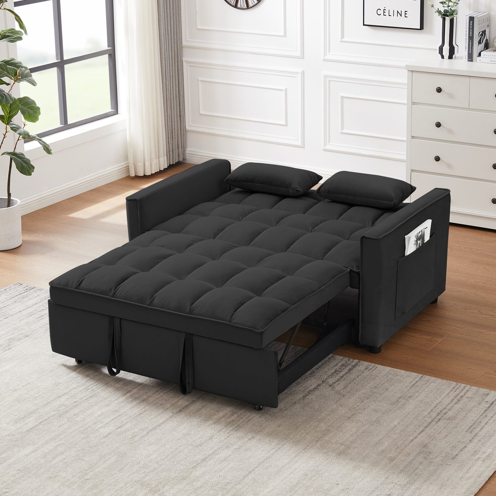 Modern Velvet Loveseat Futon Sofa Couch w/Pullout Bed,Small Love Seat Lounge Sofa w/Reclining Backrest,Toss Pillows, Pockets,Furniture for Living Room,3 in 1 Convertible Sleeper Sofa Bed, Black photo review
