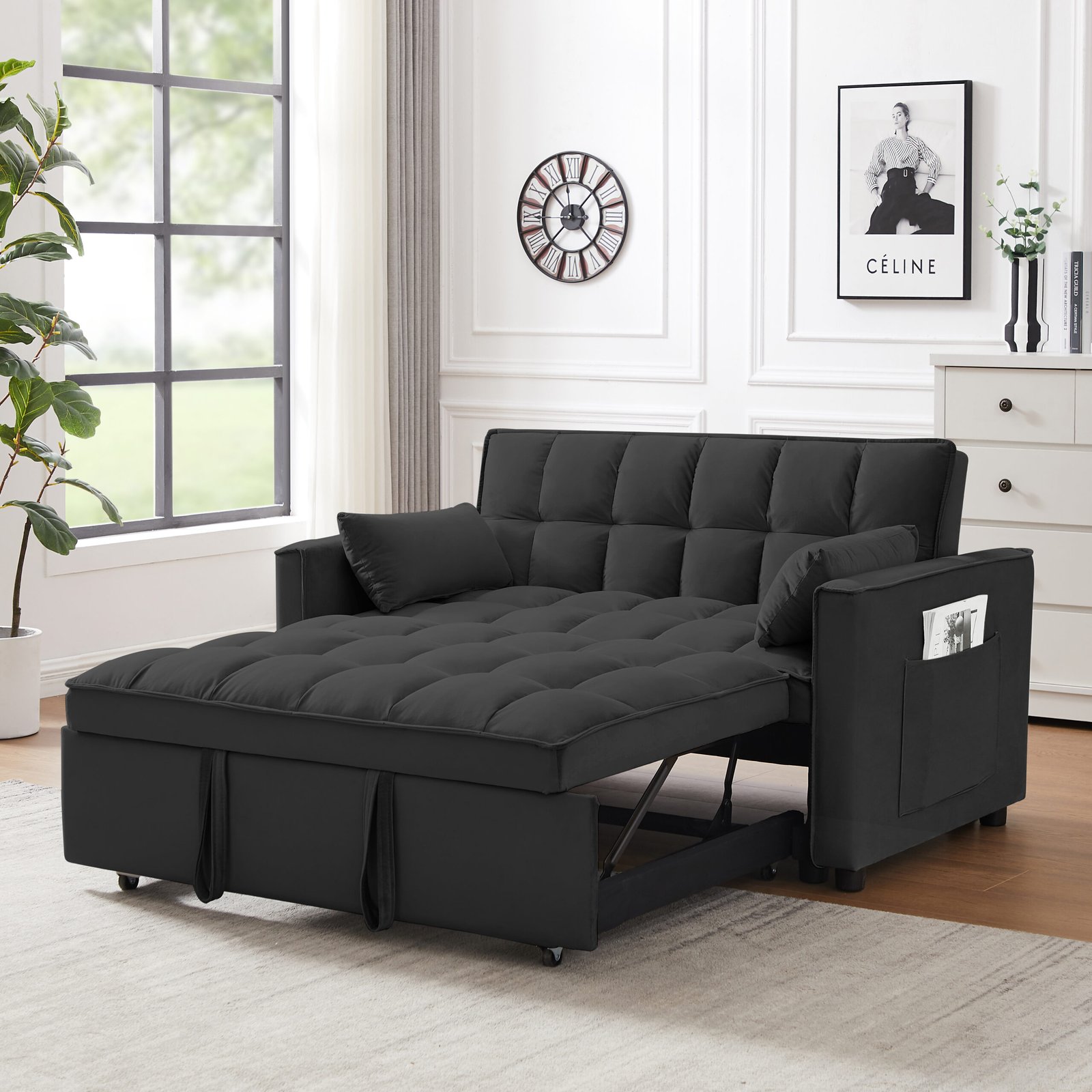 Modern Velvet Loveseat Futon Sofa Couch w/Pullout Bed,Small Love Seat Lounge Sofa w/Reclining Backrest,Toss Pillows, Pockets,Furniture for Living Room,3 in 1 Convertible Sleeper Sofa Bed, Black photo review