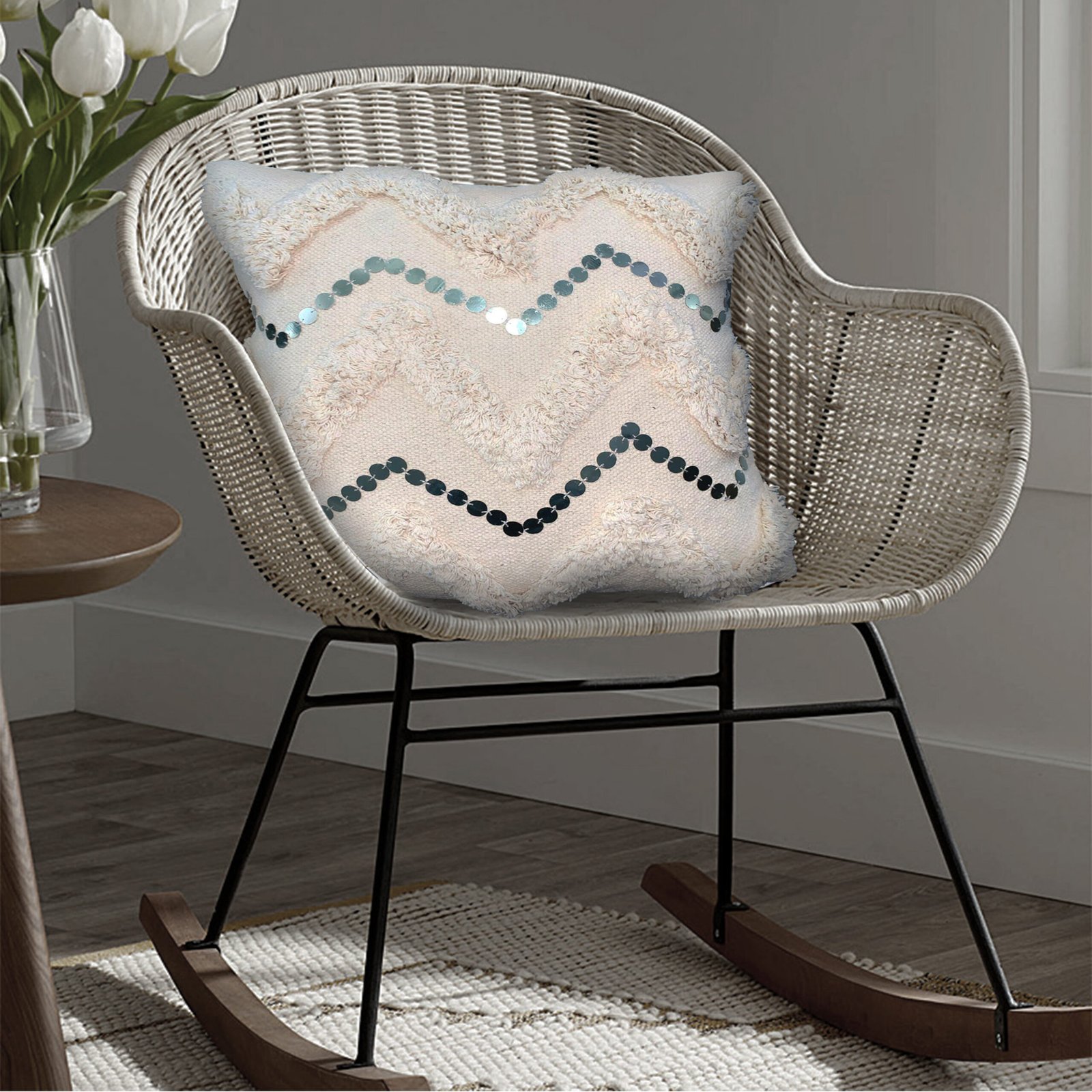 18 x 18 Square Cotton Accent Throw Pillow, Handcrafted Chevron Patchwork, Sequins, Blush Pink photo review