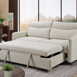 3 in 1 Convertible Sleeper Sofa Bed, Modern Fabric Loveseat Futon Sofa Couch w/Pullout Bed, Small Love Seat Lounge Sofa w/Reclining Backrest, Furniture for Living Room, Beige
