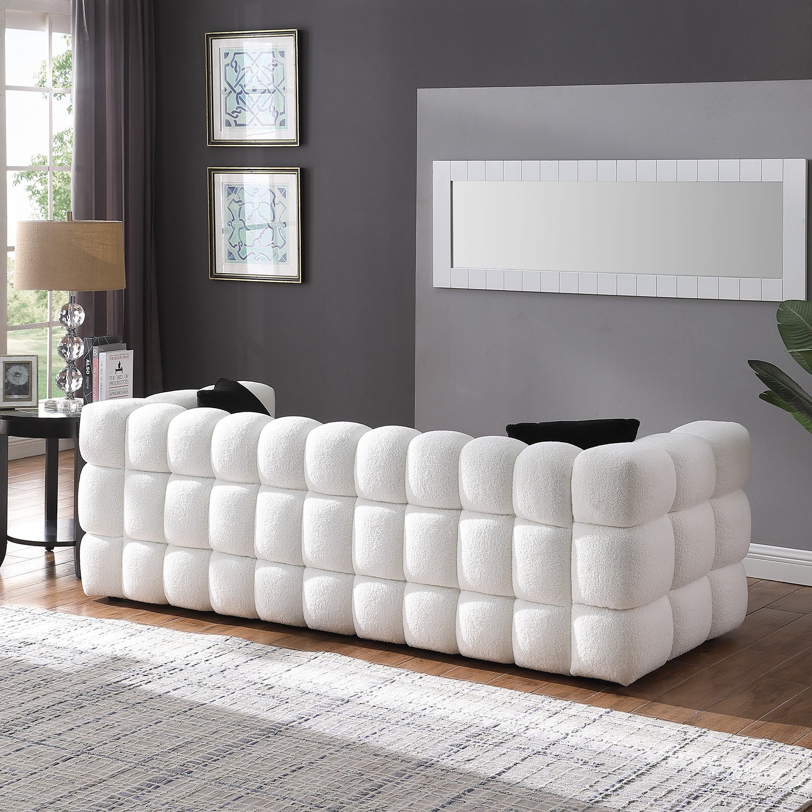 84.3 length ,35.83" deepth ,human body structure for USA people,  marshmallow sofa,boucle sofa ,White color,3 seater photo review