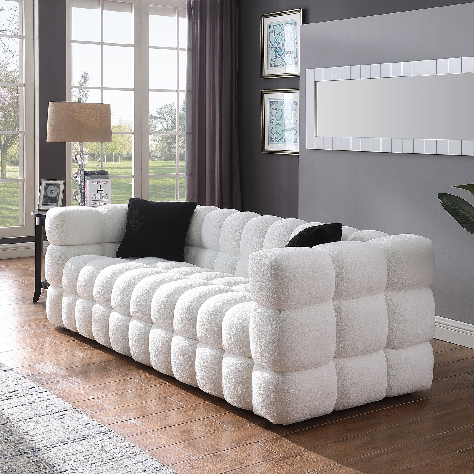 84.3 length ,35.83" deepth ,human body structure for USA people,  marshmallow sofa,boucle sofa ,White color,3 seater photo review