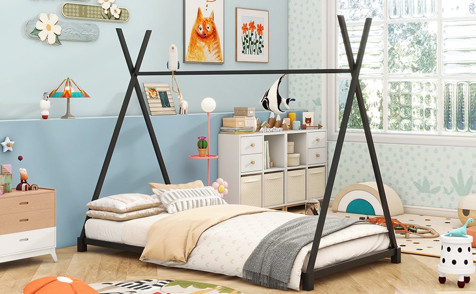 Metal Twin Size House Platform Bed with Triangle Structure, Black photo review
