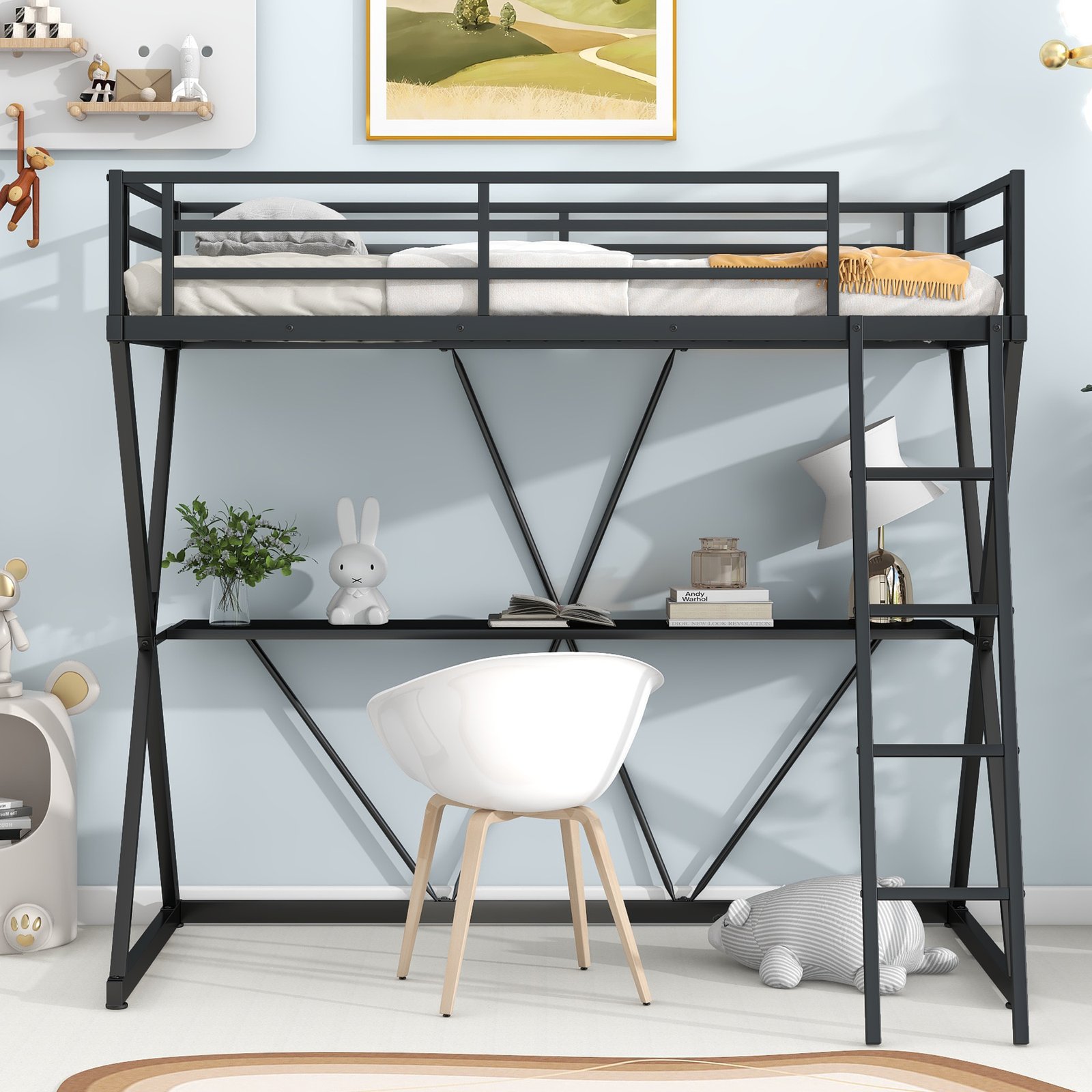 Twin Size Loft Bed with Desk, Ladder and Full-Length Guardrails, X-Shaped Frame, Black(Old SKU: MF297073AAB) photo review