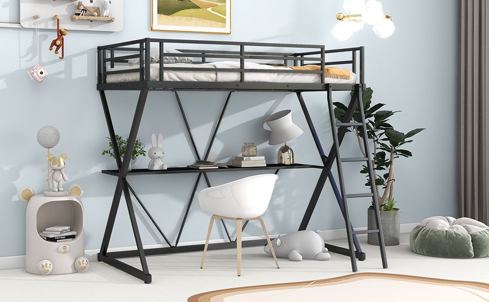 Twin Size Loft Bed with Desk, Ladder and Full-Length Guardrails, X-Shaped Frame, Black(Old SKU: MF297073AAB) photo review