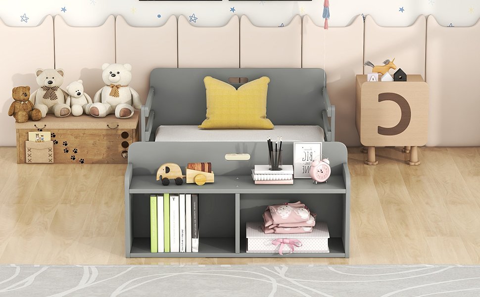 Twin Size Floor Bed with Storage Footboard and Guardrail, Grey photo review