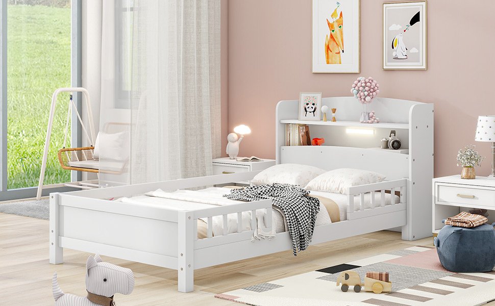 Wood Twin Size Platform Bed with Built-in LED Light, Storage Headboard and Guardrail, White photo review