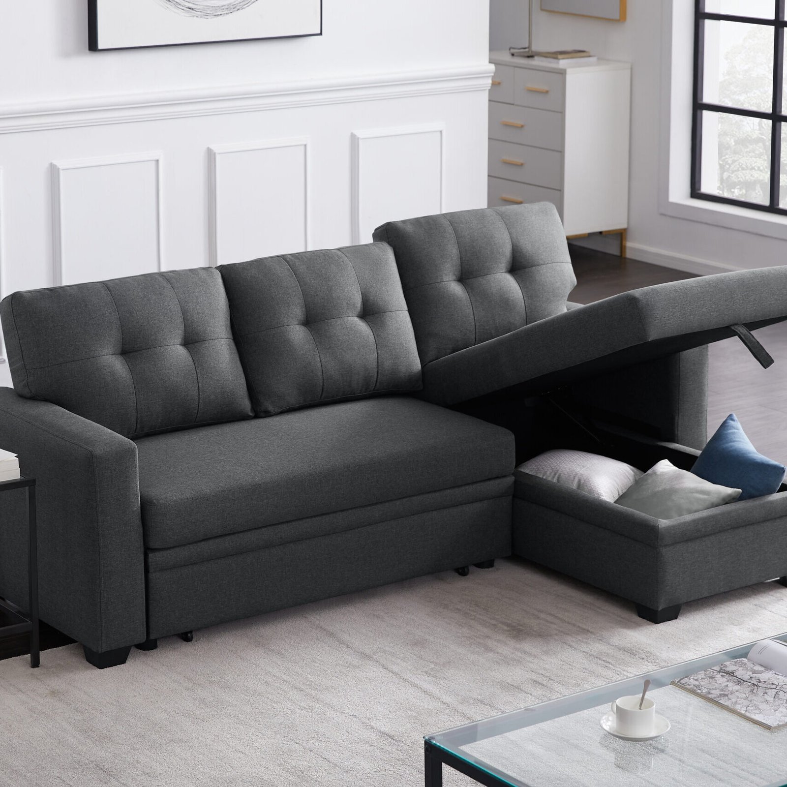 Upholstered Pull out Sectional Sofa with Chaise photo review