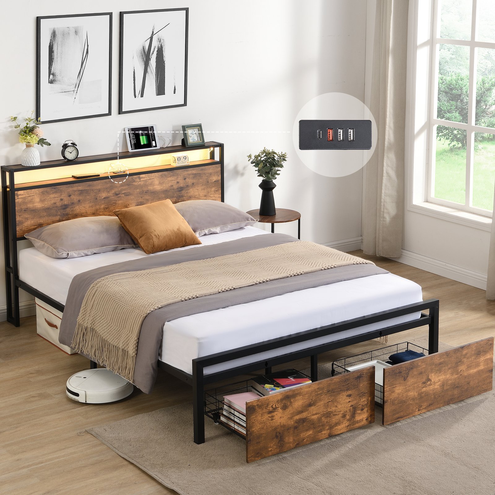 Queen Size Bed Frame with Storage Headboard and 2 Drawers, LED Lights Bed with Charging Station, Metal Platform Bed No Noise, Mattress Foundation Strong Metal Slats Support No Box Spring Needed photo review