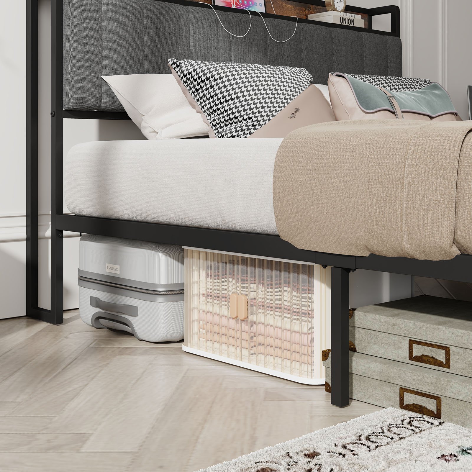 Queen Size Bed Frame with Charging Station, Upholstered Headboard, Metal Platform, Grey photo review