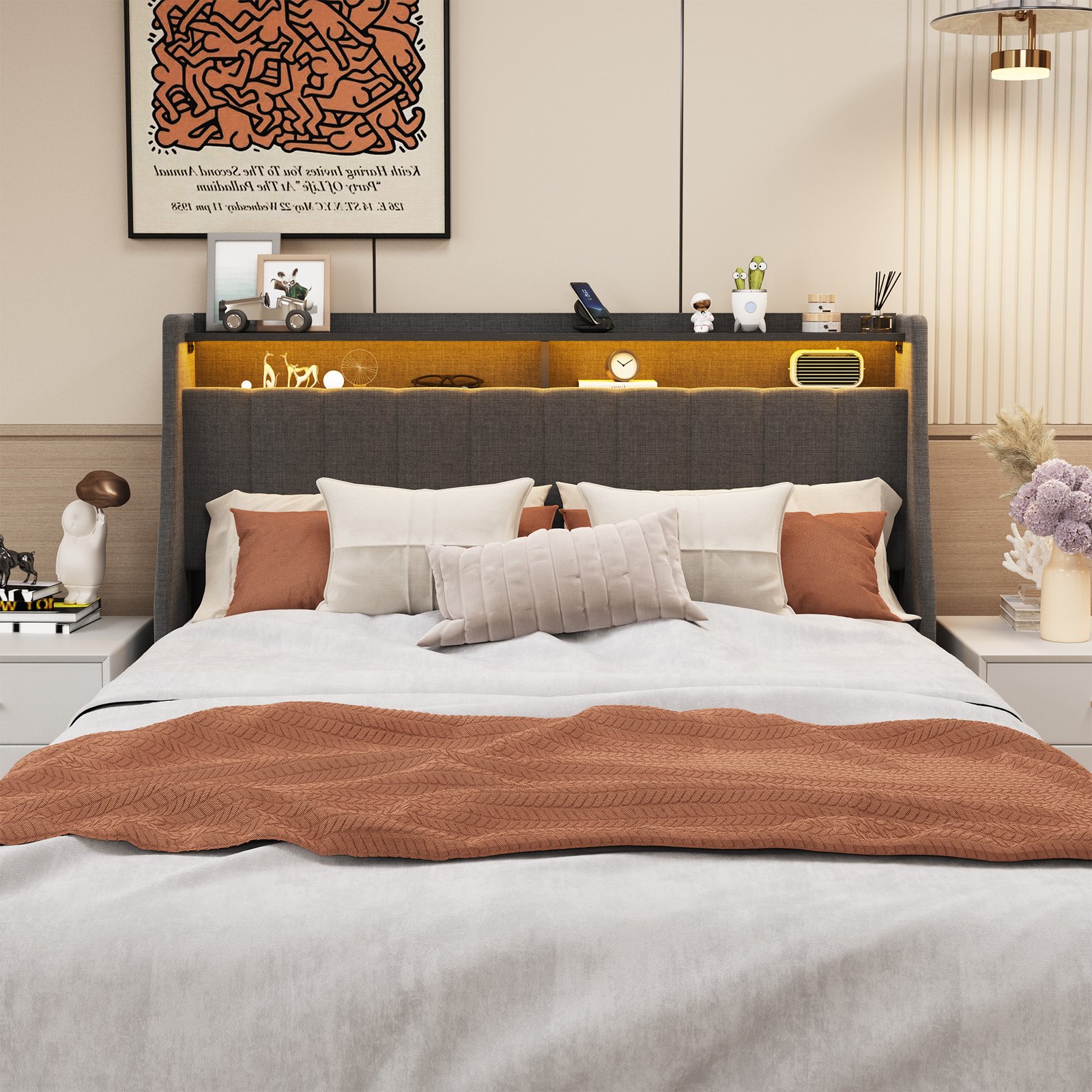 Full Size Bed Frame with LED, 4 Under-bed Portable Storage Drawers, Wings Headboard Design, Dark Grey photo review