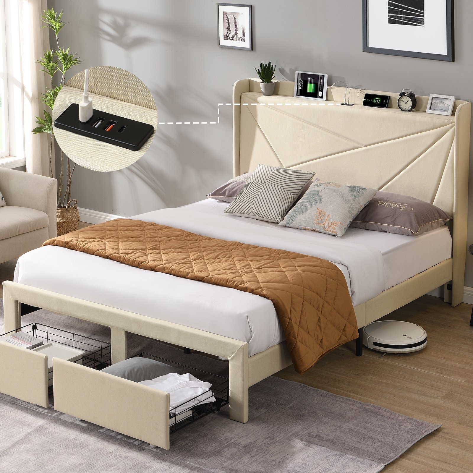Full Size Bed Frame with 2 Storage Drawers, Upholstered Bed Frame with Wingback Headboard Storage Shelf Built-in USB Charging Stations and Strong Wood Slats Support, No Box Spring Needed, Beige photo review