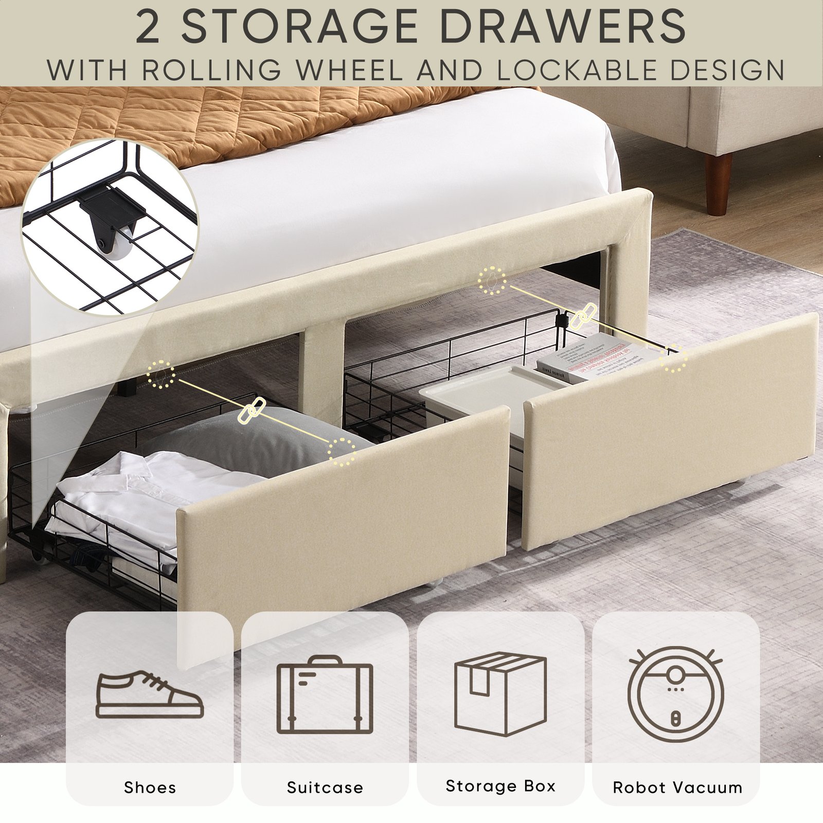 Full Size Bed Frame with 2 Storage Drawers, Upholstered Bed Frame with Wingback Headboard Storage Shelf Built-in USB Charging Stations and Strong Wood Slats Support, No Box Spring Needed, Beige photo review