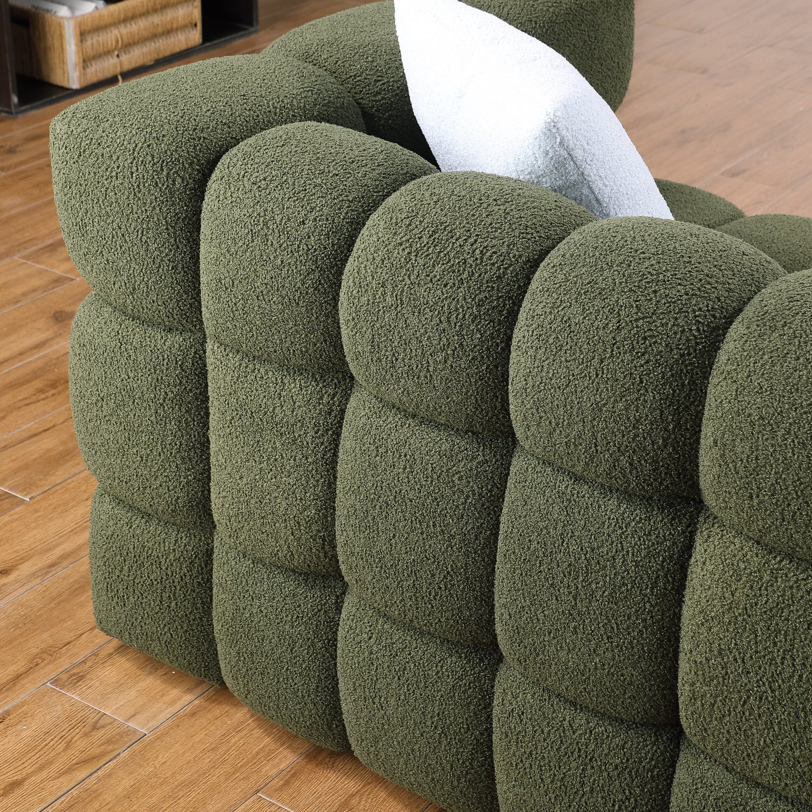 84.3 length ,35.83" deepth ,human body structure for USA people,  marshmallow sofa,boucle sofa ,3 seater, OLIVE GREEN BOUCLE photo review
