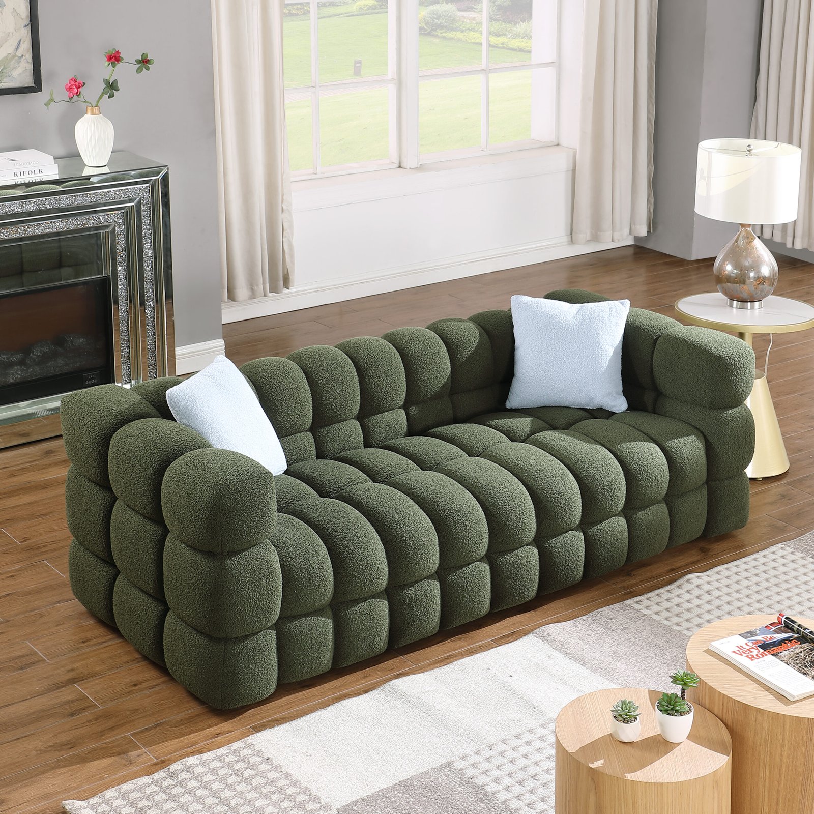 84.3 length ,35.83" deepth ,human body structure for USA people,  marshmallow sofa,boucle sofa ,3 seater, OLIVE GREEN BOUCLE photo review