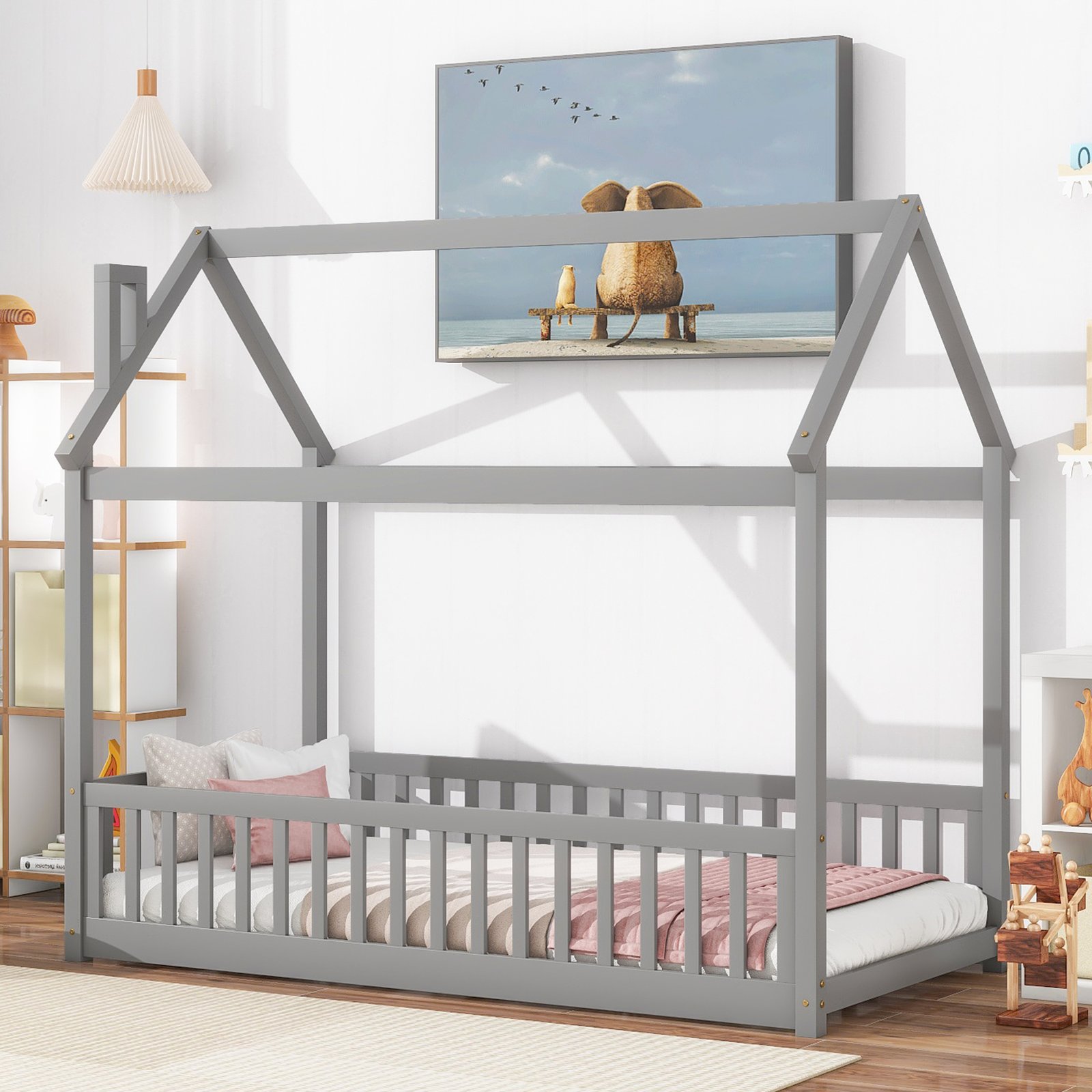 Twin House Bed with Guardrails, Slats ,Grey photo review