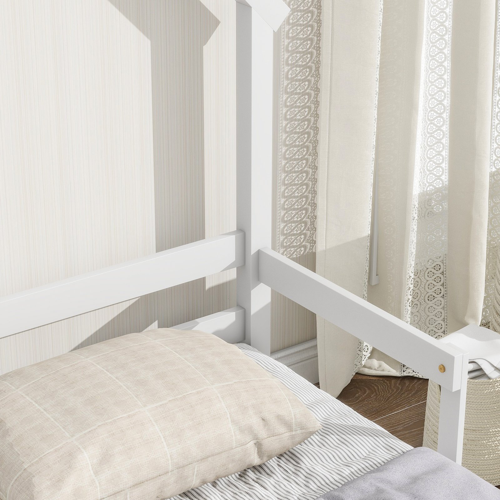 Twin House-Shaped Headboard Floor Bed with Handrails ,slats,White photo review