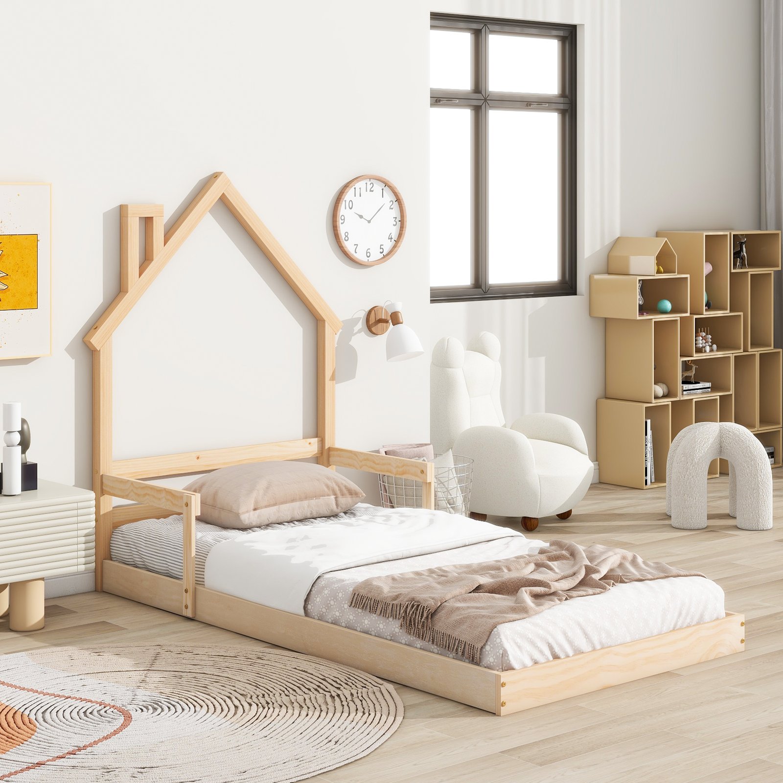 Twin House-Shaped Headboard Floor Bed with Handrails ,slats ,Natural photo review