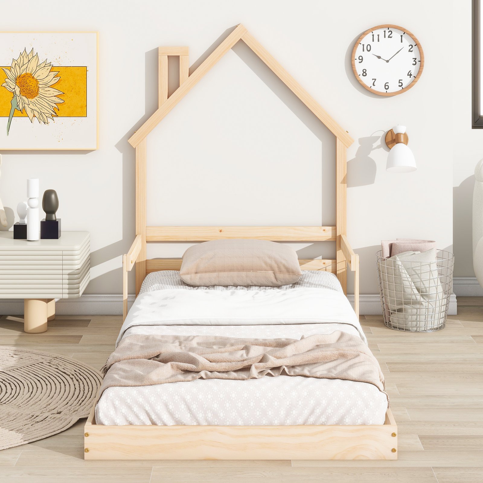 Twin House-Shaped Headboard Floor Bed with Handrails ,slats ,Natural photo review