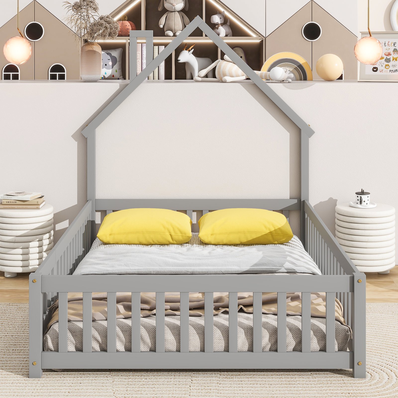 Full House-Shaped Headboard Floor Bed with Fence ,Grey photo review