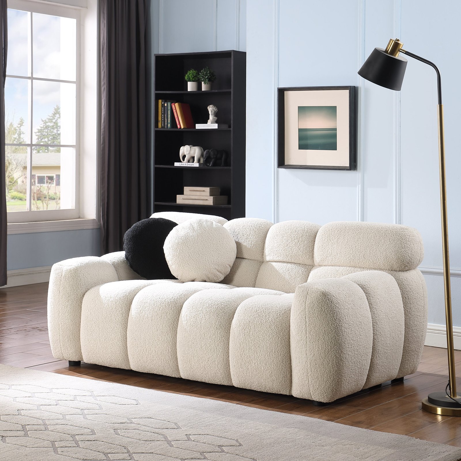 64.96 length ,35.83" deepth ,human body structure for USA people,  marshmallow sofa,boucle sofa ,2  seater, BEIGE  BOUCLE photo review
