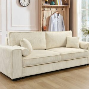 91''Large Sofa Bed with Storage, Modern 3 Seater Couch Furniture, Three-seat Classic Upholstered Back Sofa for Small Spaces, Living Room, Bedroom, Apartment,Beige