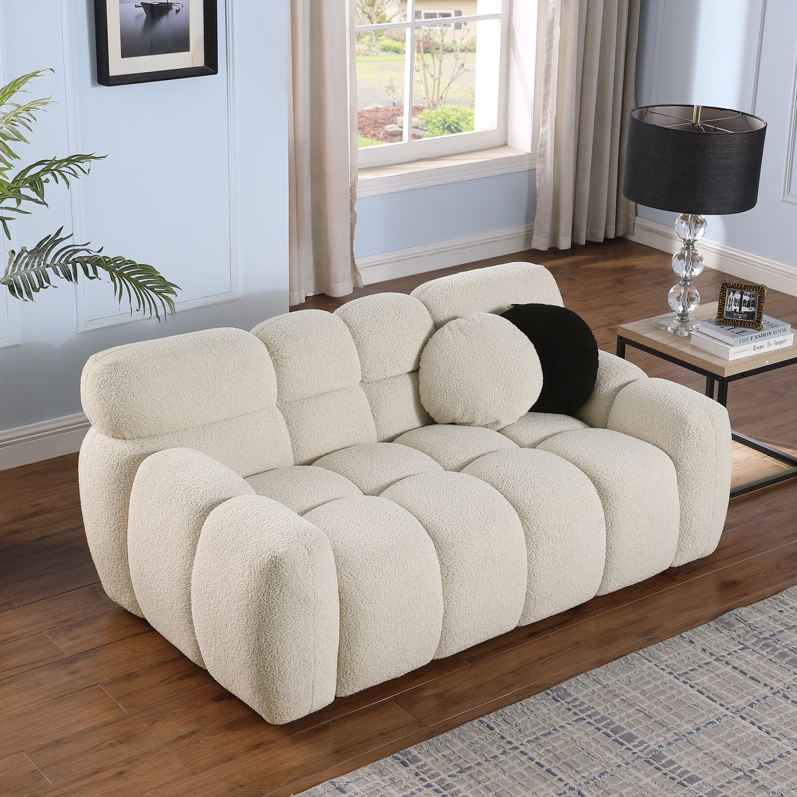 64.96 length ,35.83" deepth ,human body structure for USA people,  marshmallow sofa,boucle sofa ,2  seater, BEIGE  BOUCLE photo review