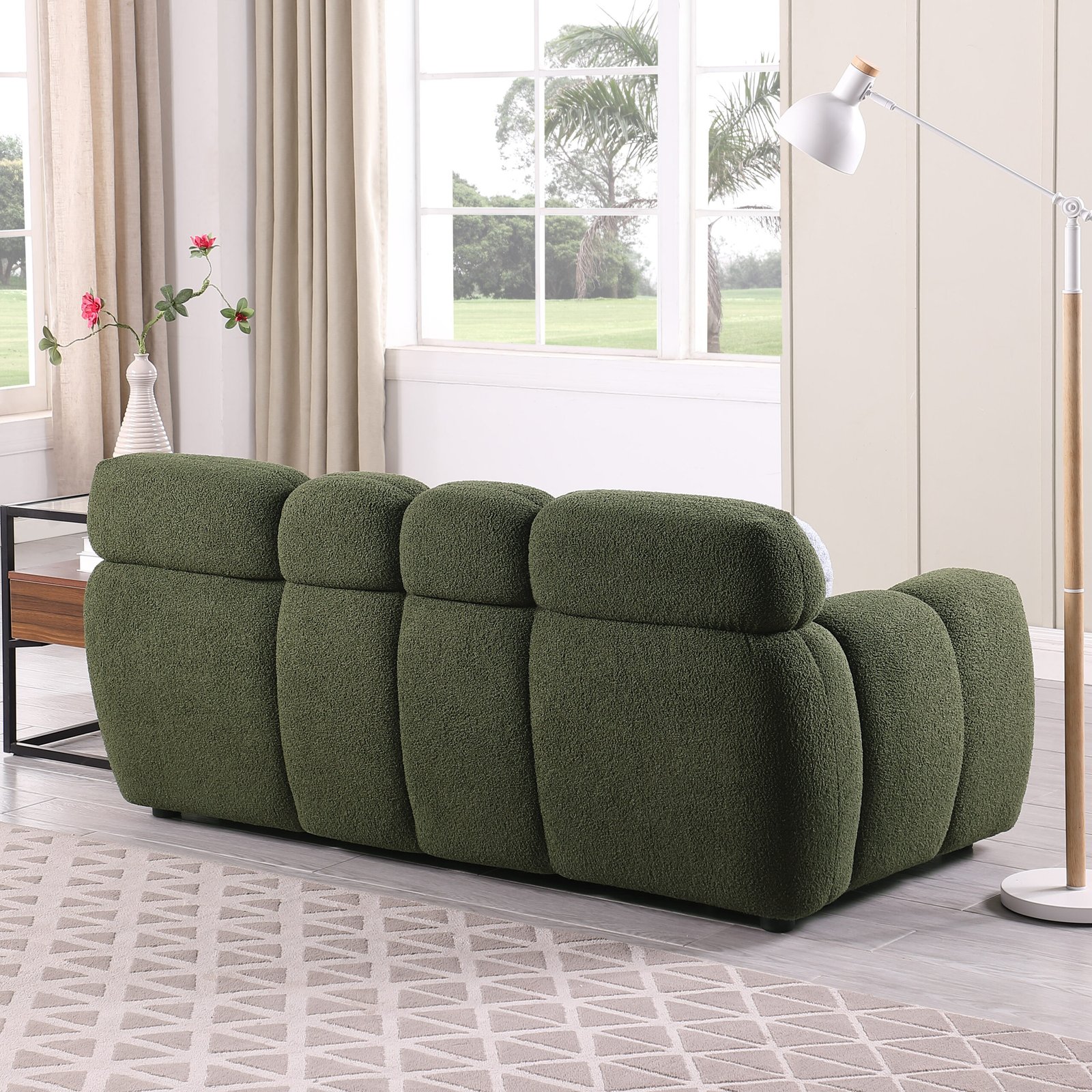 64.96 length ,35.83" deepth ,human body structure for USA people,  marshmallow sofa,boucle sofa ,2  seater, olive green  BOUCLE photo review