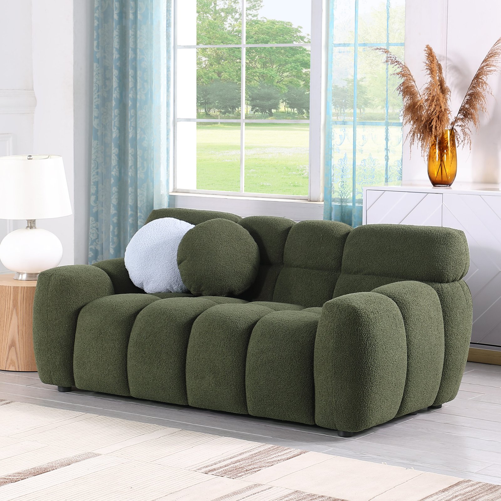 64.96 length ,35.83" deepth ,human body structure for USA people,  marshmallow sofa,boucle sofa ,2  seater, olive green  BOUCLE photo review
