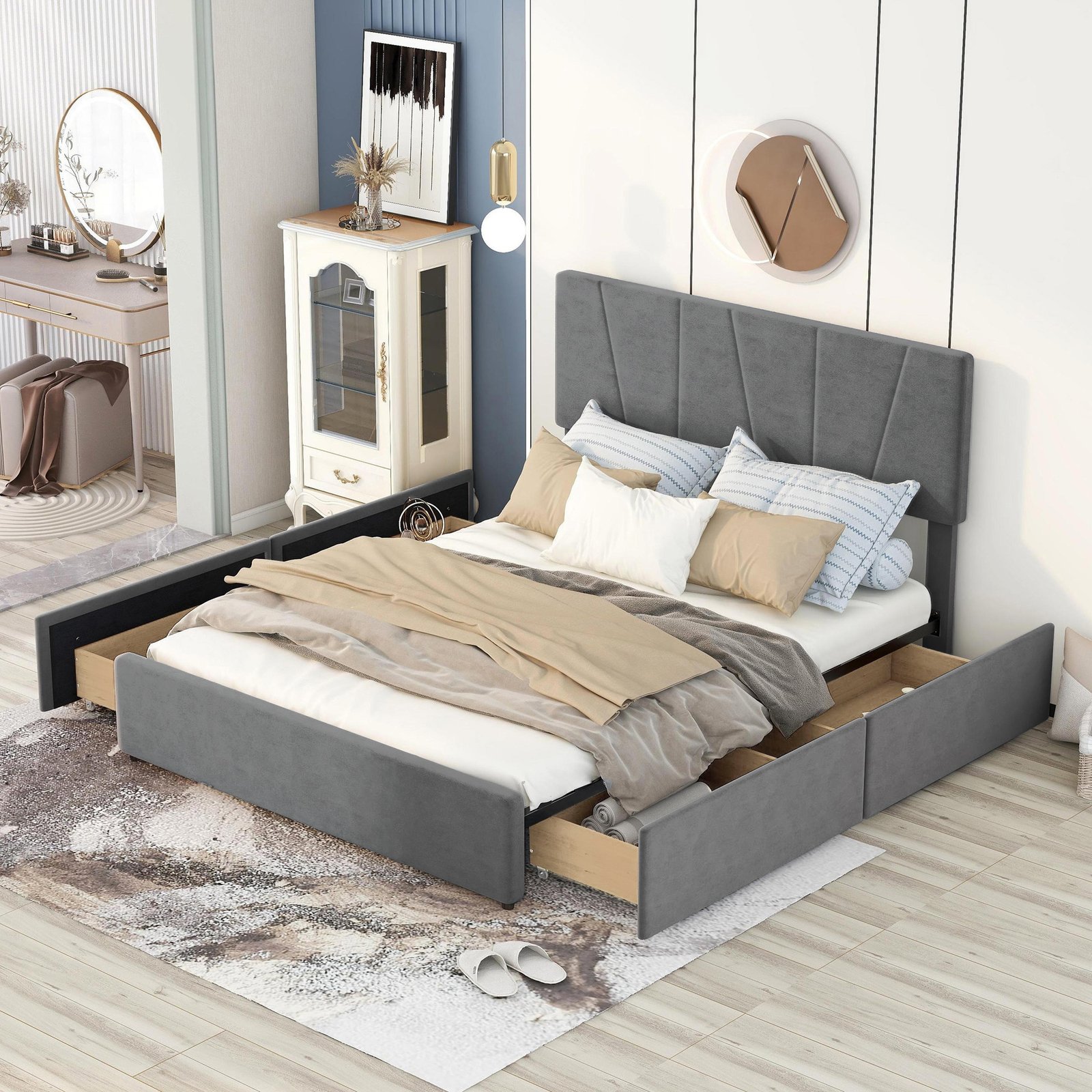 Queen Size Upholstery Platform Bed with Four Drawers on Two Sides, Adjustable Headboard, Grey(Old SKU: WF291774EAA) photo review