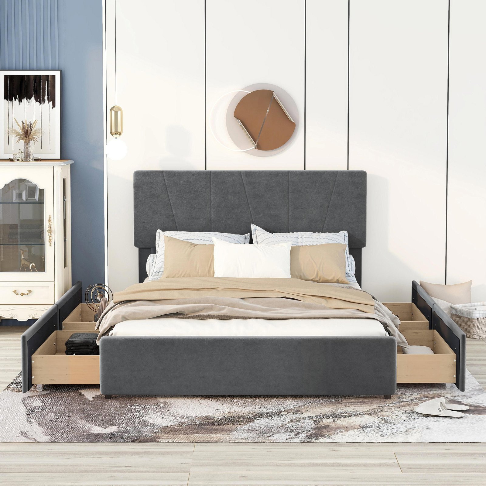 Queen Size Upholstery Platform Bed with Four Drawers on Two Sides, Adjustable Headboard, Grey(Old SKU: WF291774EAA) photo review