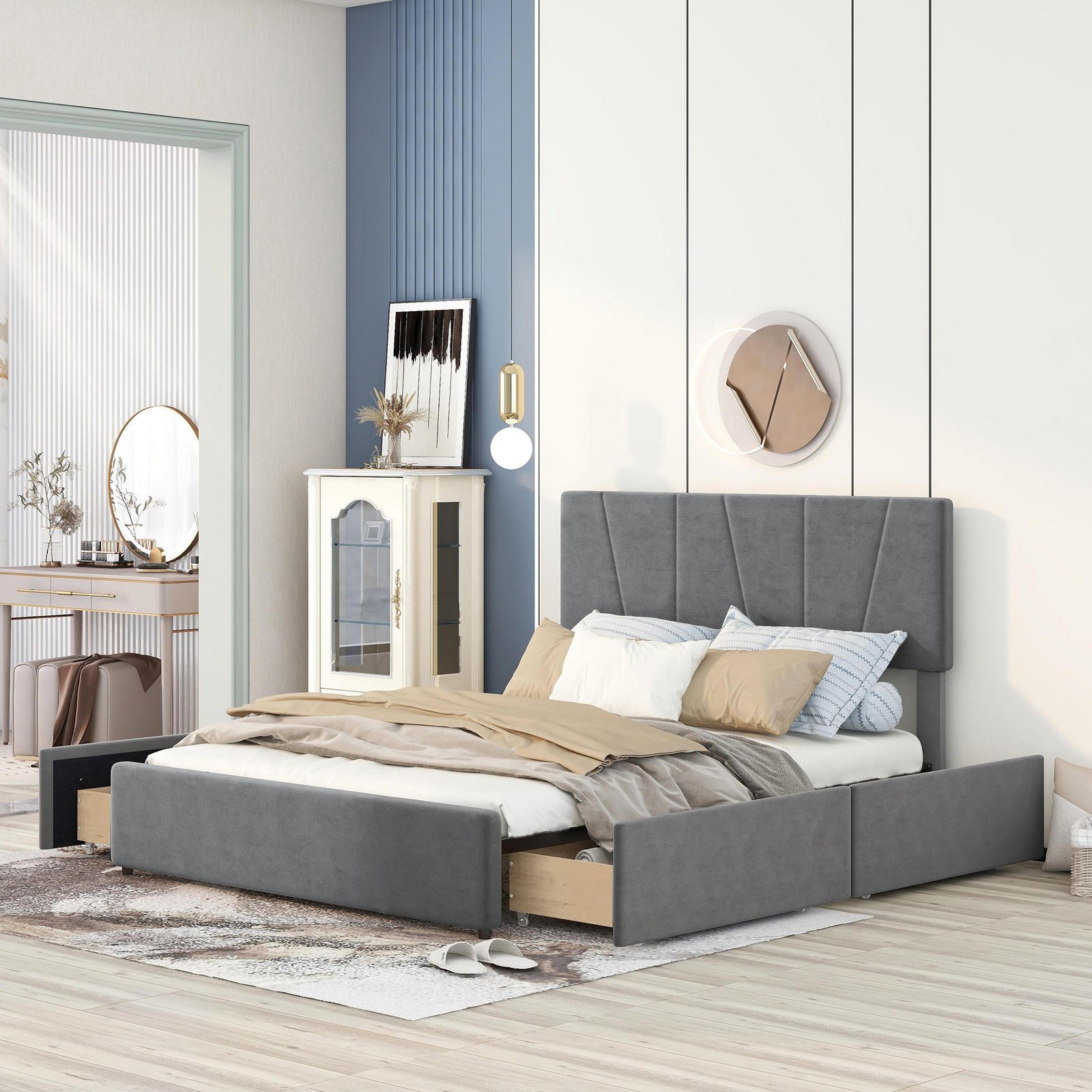 Queen Size Upholstery Platform Bed with Four Drawers on Two Sides, Adjustable Headboard, Grey(Old SKU: WF291774EAA) photo review
