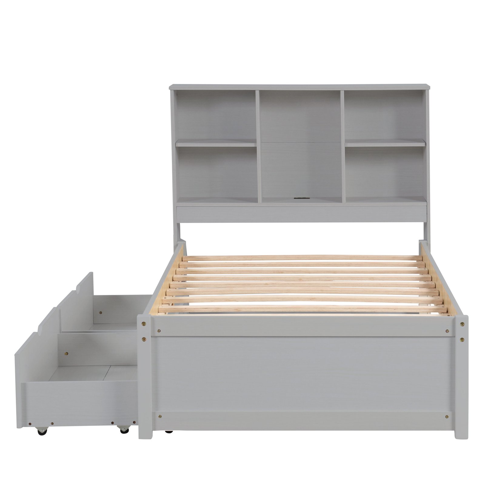 Modern Twin Size Bed Frame With Built-in USB Port on Bookcase Headboard and 2 Drawers for Grey Color photo review