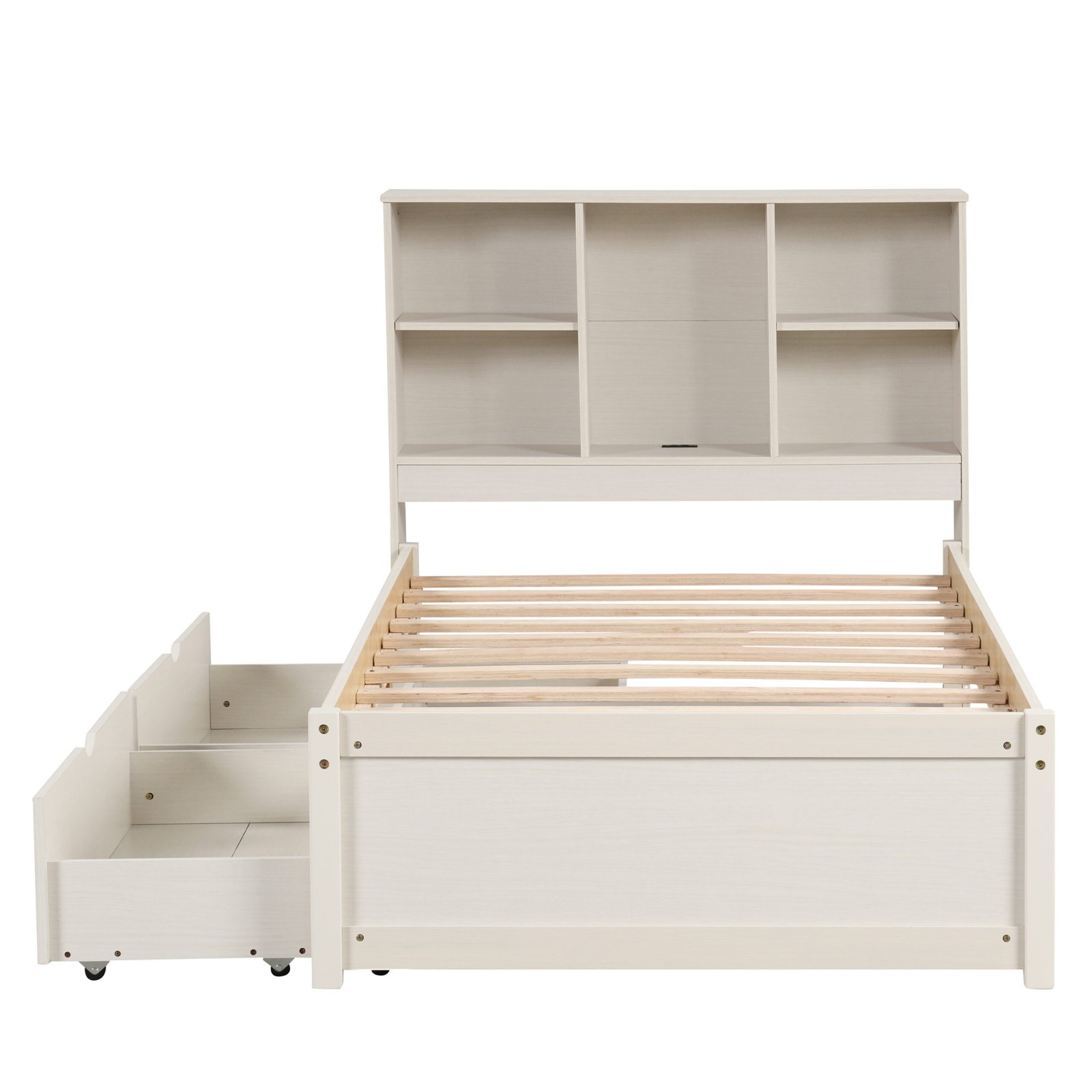 Modern Twin Size Bed Frame With Built-in USB Port on Bookcase Headboard and 2 Drawers for White Washed Color photo review