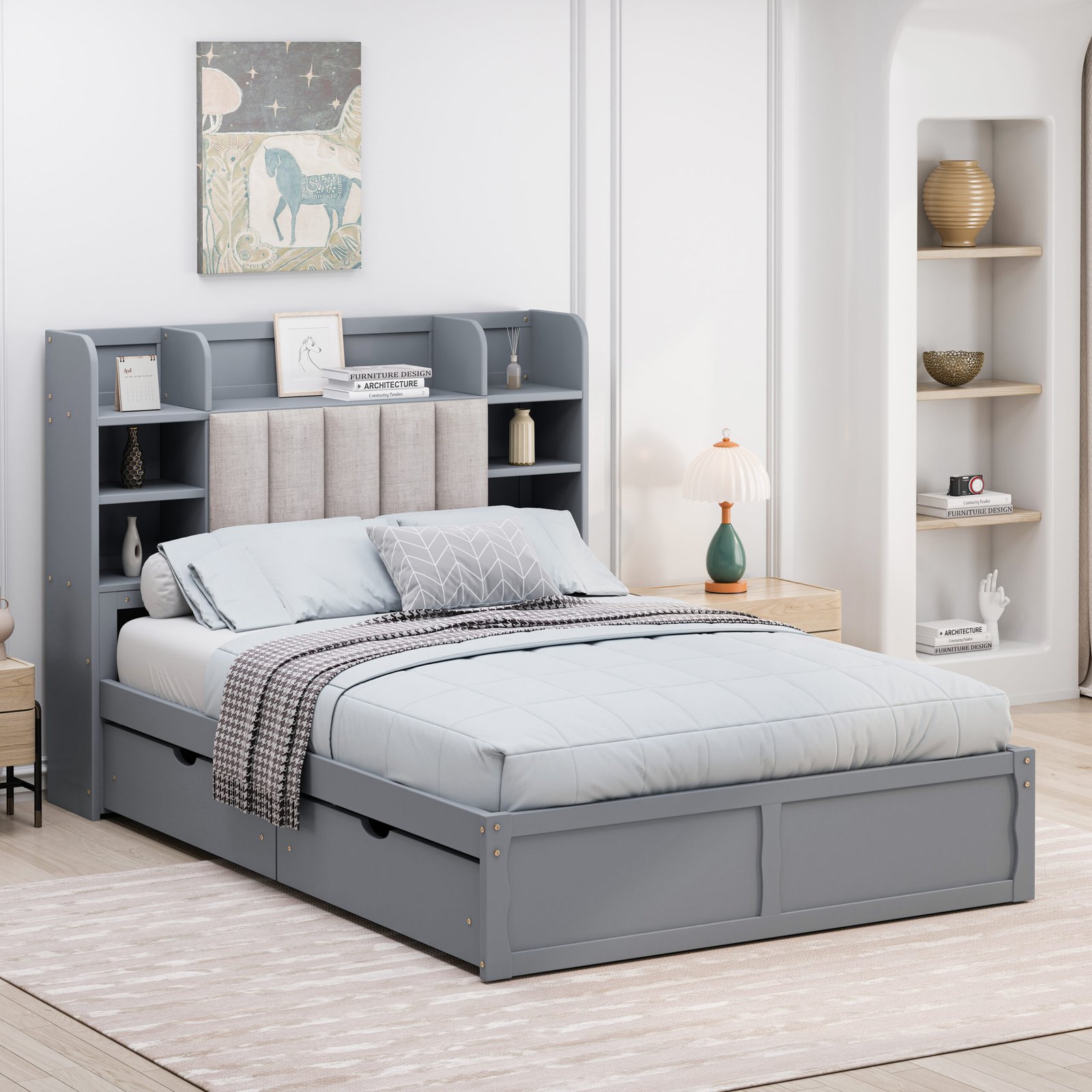 Multi-functional Full Size Bed Frame with 4 Under-bed Portable Storage Drawers and Multi-tier Bedside Storage Shelves, Grey photo review