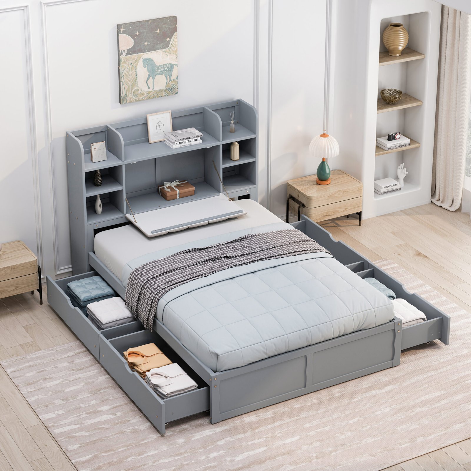 Multi-functional Full Size Bed Frame with 4 Under-bed Portable Storage Drawers and Multi-tier Bedside Storage Shelves, Grey photo review