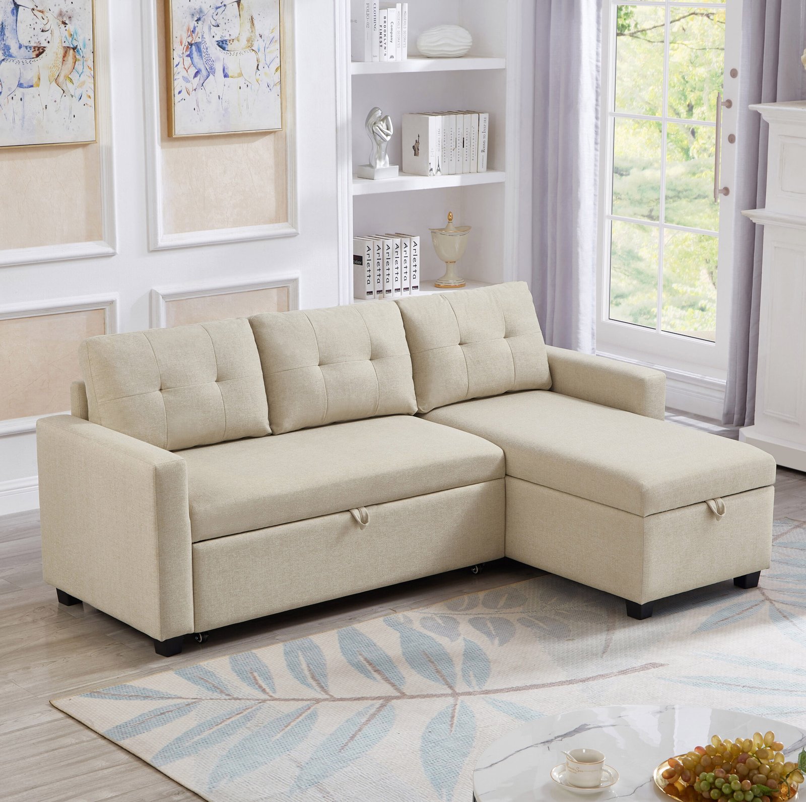 Upholstered Pull Out Sectional Sofa with Storage Chaise, Convertible Corner Couch, Beige photo review