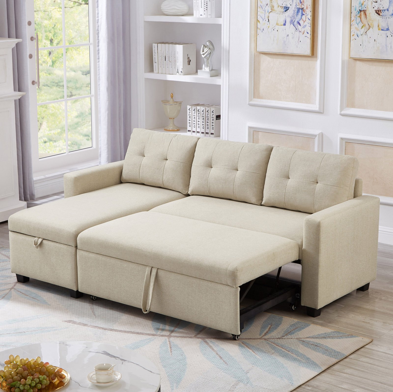 Upholstered Pull Out Sectional Sofa with Storage Chaise, Convertible Corner Couch, Beige photo review