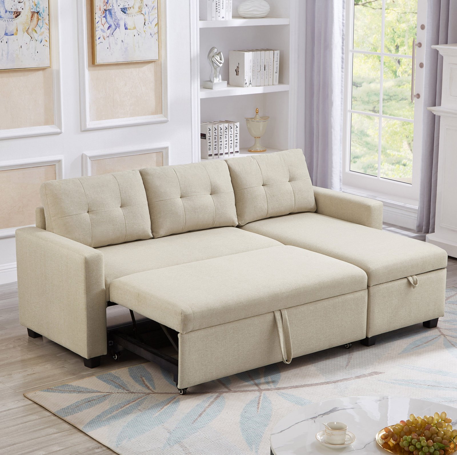 Upholstered Pull Out Sectional Sofa with Storage Chaise, Convertible Corner Couch, Beige photo review