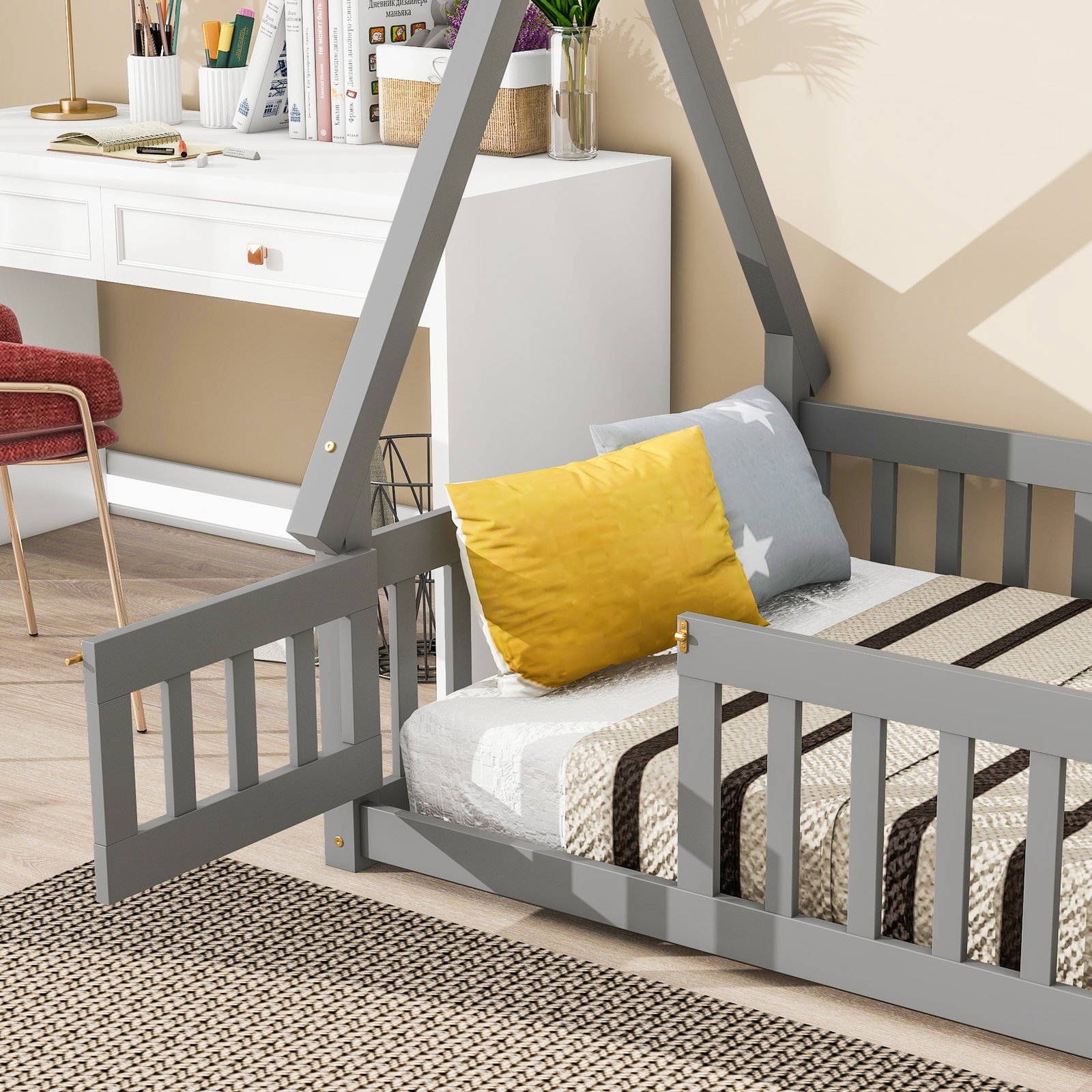 Twin Tent-shaped Floor Bed, with Guardrails, Slats, Door ,Grey photo review