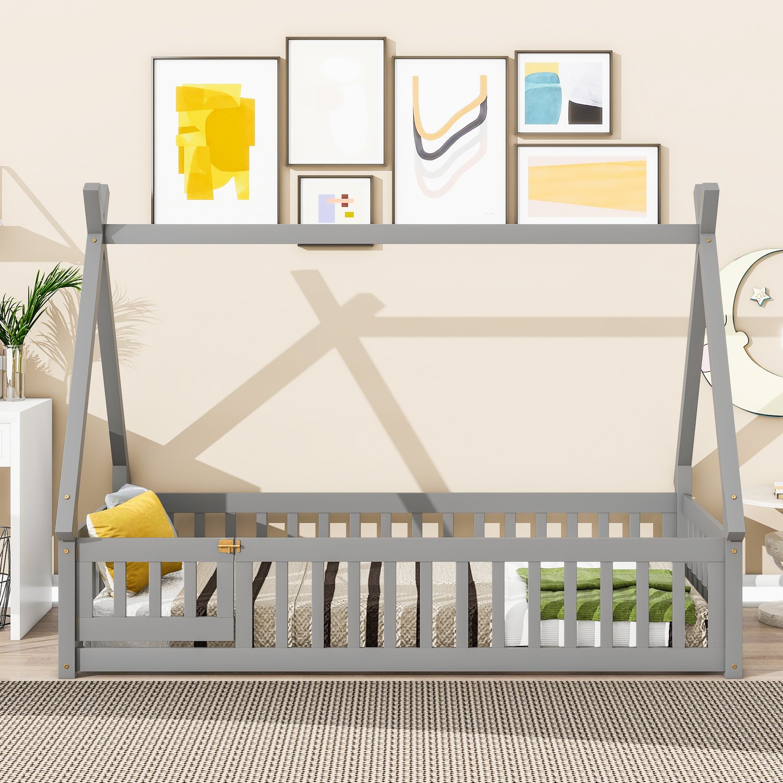 Twin Tent-shaped Floor Bed, with Guardrails, Slats, Door ,Grey photo review