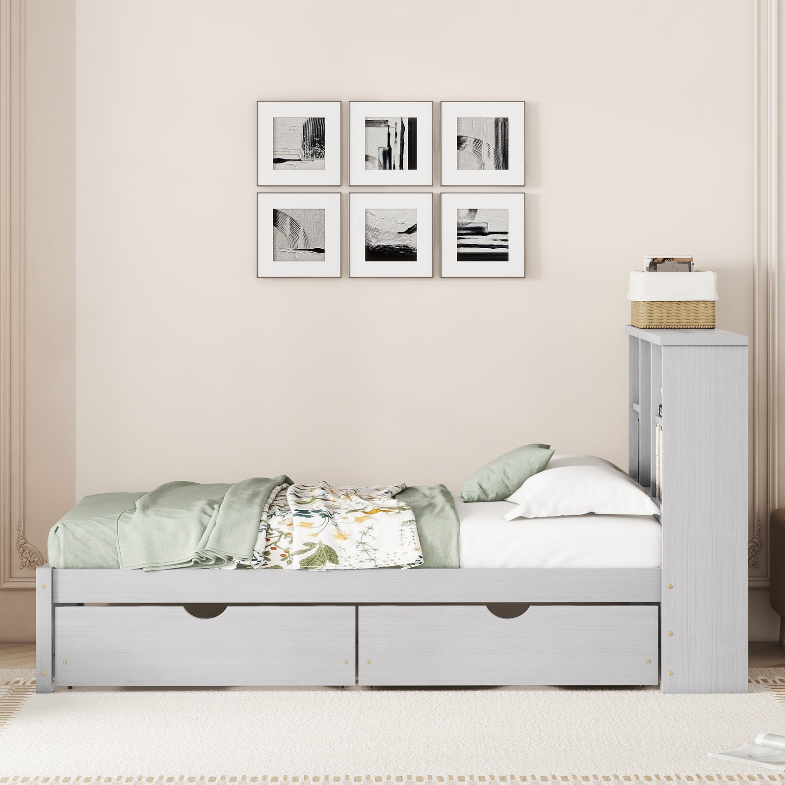 Modern Twin Size Bed Frame With Built-in USB Port on Bookcase Headboard and 2 Drawers for Grey Color photo review